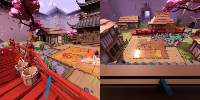 Screenshot: Tsuro VR. Rechts: die Umgebung ist stilsicher, aber etwas klischeehaft. Rechts: Das Spielbrett von oben.