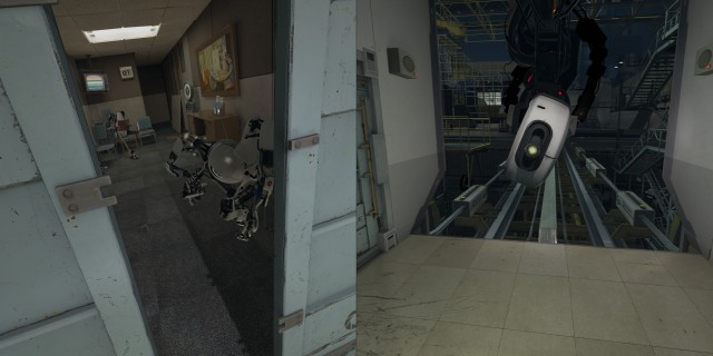 Screenshot: The Lab: Links: man findet Referenzen auf den Multiplayer von Portal 2. Rechts: GLaDOS hat auch einen Auftritt