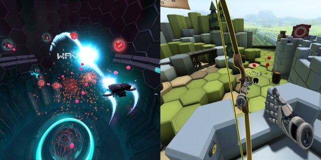 Screenshot: The Lab. Links: ein Arcade Shooter mit Bewegungssteuerung. Rechts: Tower Defence mit Pfeil und Bogen