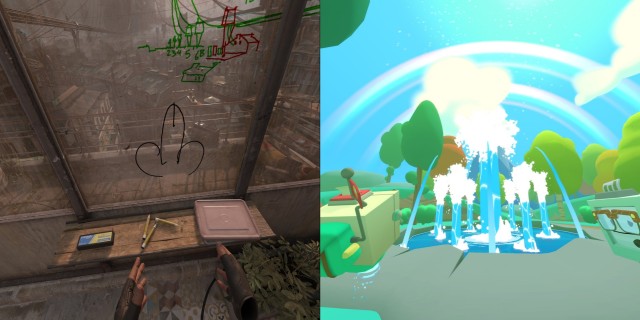 Screenshot: Links: Half-Life: Alxy: Dem Spieler Freiheit geben führt zu erwartbaren Resultaten. Rechts: Im Vacation Simulator gibt es sogar sowas wie Zwischensequenzen.