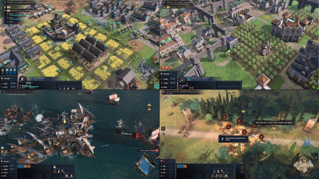 Screenshot: Kollage Age of Empires 4 - The Sultans Ascend: Basis der Japaner, Basis der Byzantiner, Seeschlacht, Felder-Entzünden-Mechanik aus der Kampagne