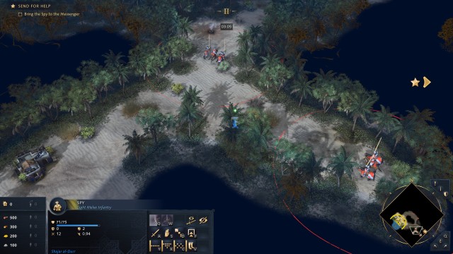 Screenshot: Mit dem Spion gilt es, ungesehen in die gegnerische Basis einzudringen. Die einfache Stealth-Einlage lockert das Spiel auf.