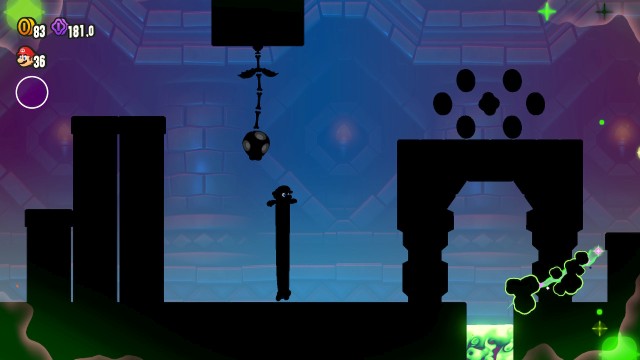 Screenshot: Die Scherenschnitt-Optik sieht nicht nur schick aus, das Level verändert sich auch, wenn sich Mario duckt