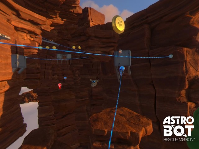 Screenshot: Per Power-Up kann ich ein Seil für Astro Bot spannen, damit er darüber balancieren kann