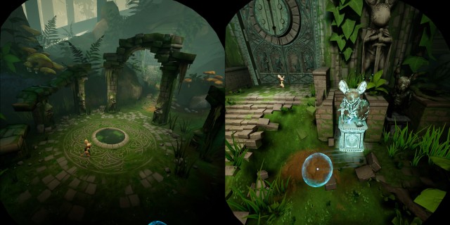 Screenshot: Links: Moss auf der Oculus Rift S. Rechts: Dank des besseren Trackings funktionieren die Motion Controls viel besser.